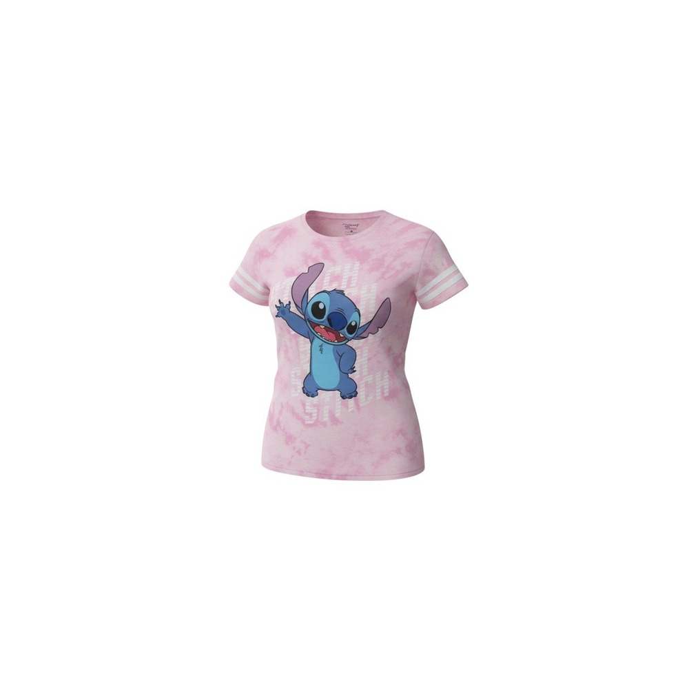 Disney Stitch Graphic Tee Womens Medium Pink Tie Dye Varsity Stripe Sleeve